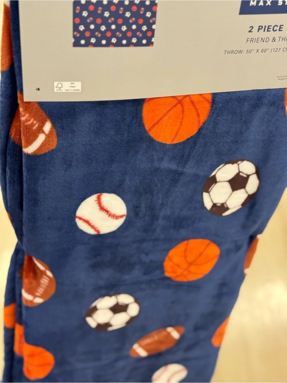 Plush Sports Ball Character Toy with Navy Sports Blanket -